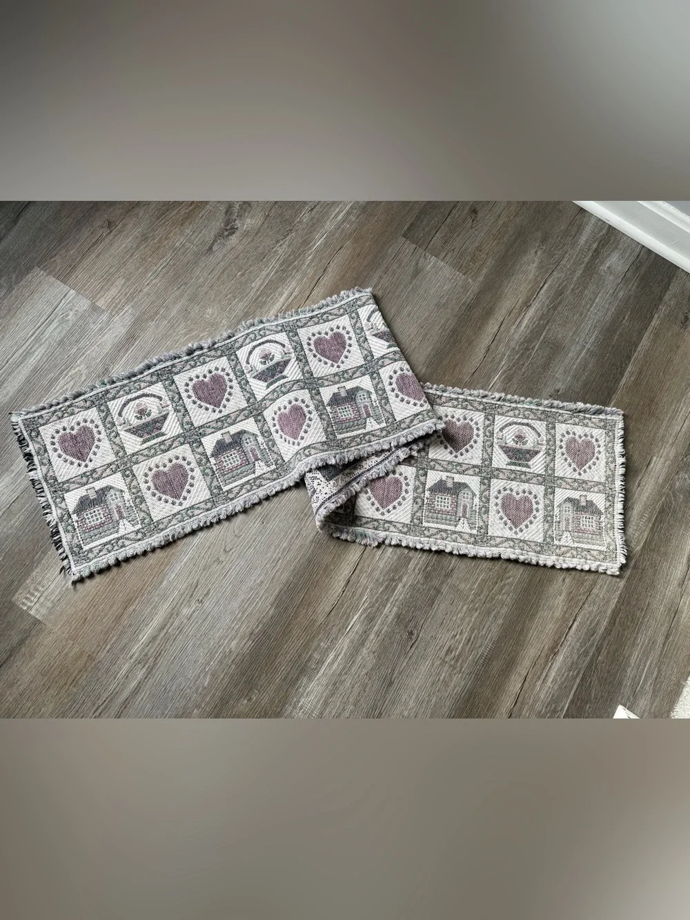 Vtg Country Hearts & Houses Woven Table Runner Fringed Tapestry Cottage Core
